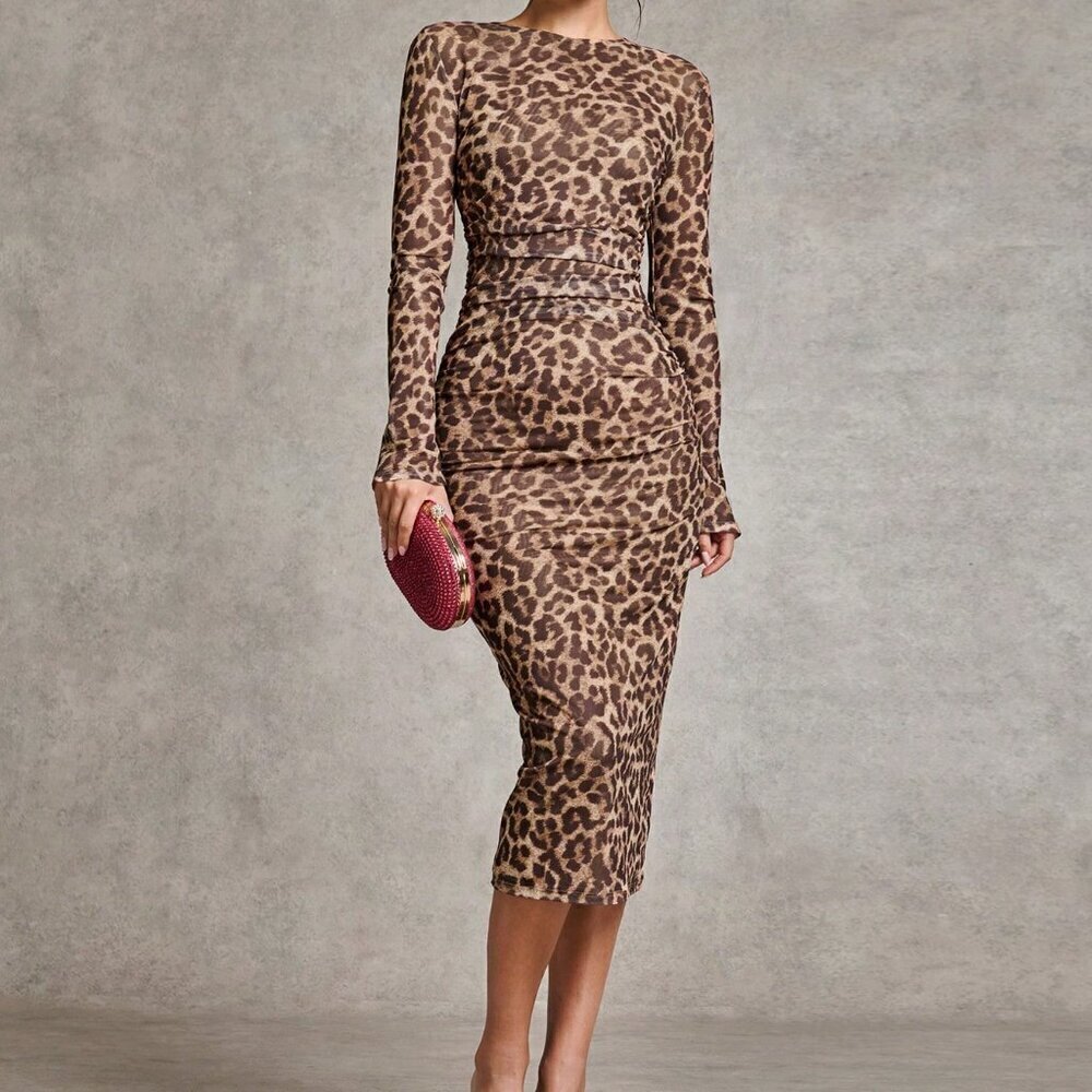 Multicolor Elegant Women's Leopard Print Side Pleated Long Sleeve Dress